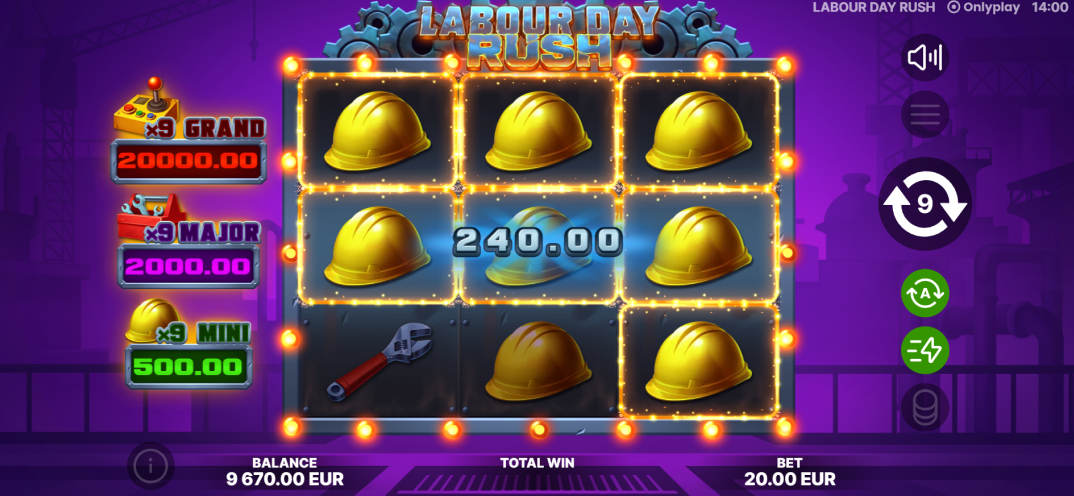 Labour Day Rush helmet jackpot pattern across the 3x3 grid